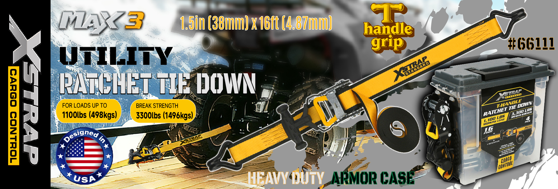 Xstrap 66111 Крепежные ремни с Т-образной рукояткой и храповым механизмом 1,5 дюйма x 16 футов, SWL 1100 фунтов