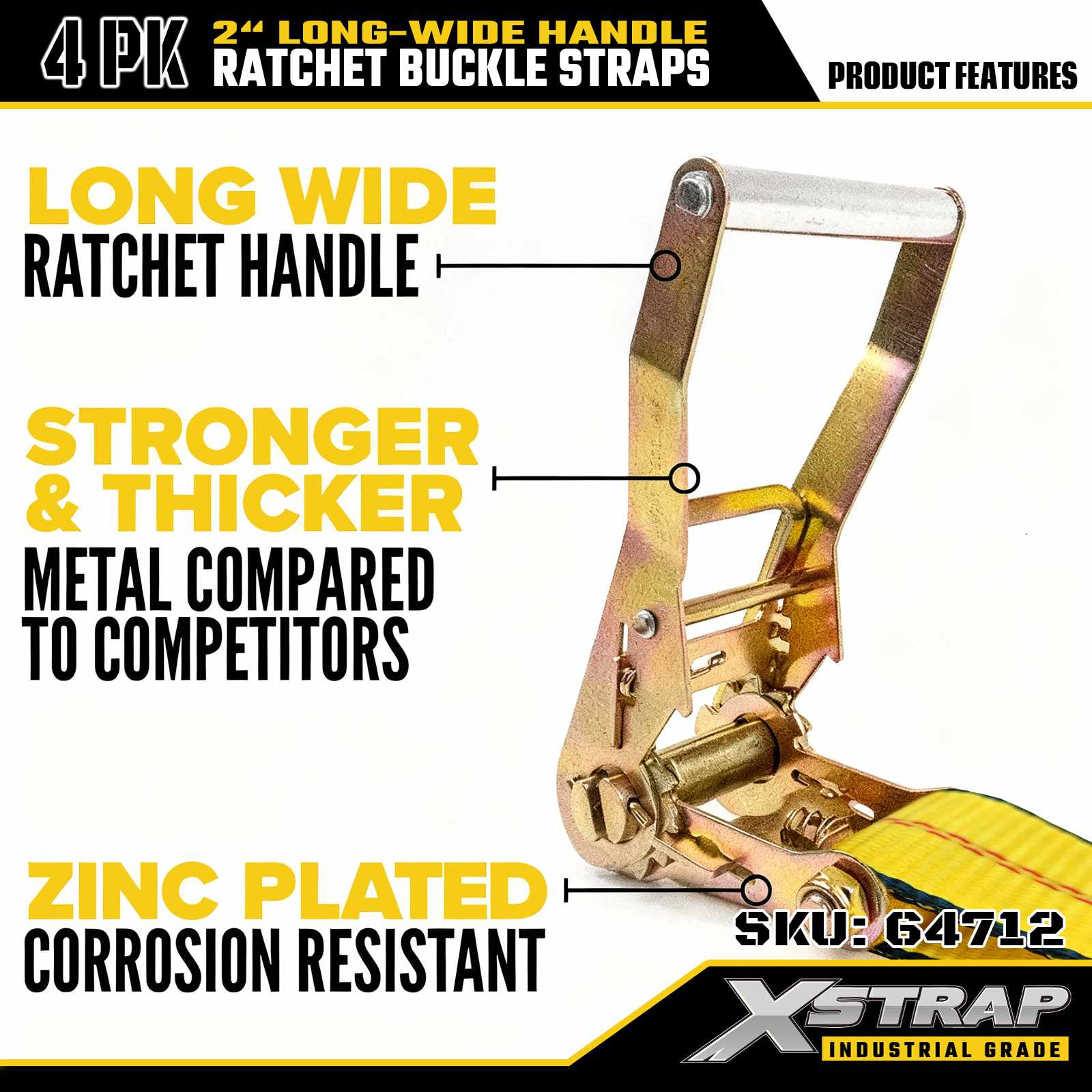Xstrap 64712 Ремни с храповым механизмом, длиной 27 футов, шириной 27 футов и крючками-крабами, прочность на разрыв 10 000 фунтов (4 шт.)