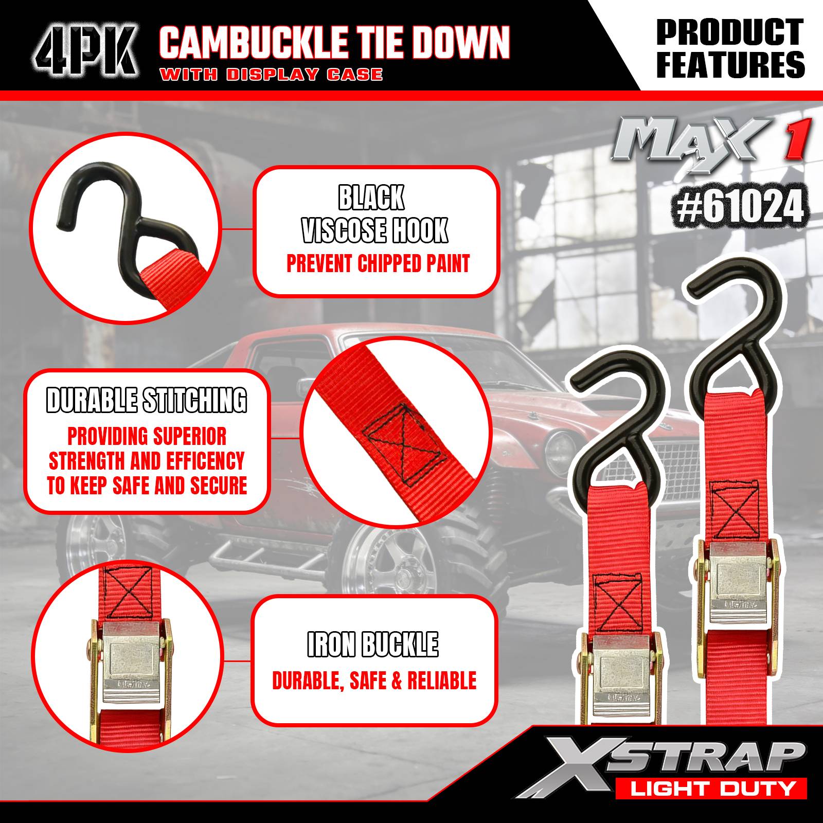 Xstrap 61024 1 дюйм x 10 футов, 4 шт., стяжные ремни с кампряжем, SWL, 300 фунтов