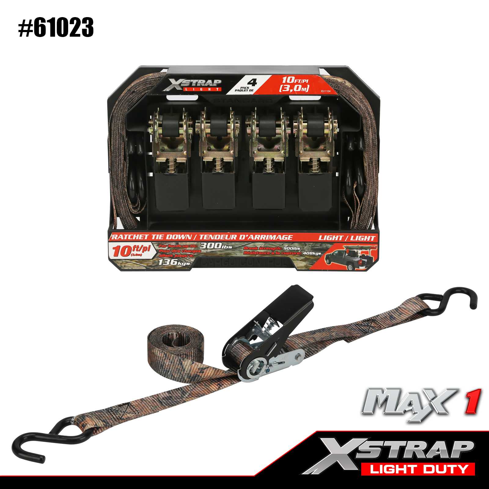 Xstrap 61023 1 дюйм x 10 футов, 4 шт. CAMO, стяжные ремни с храповым механизмом, 300 фунтов SWL