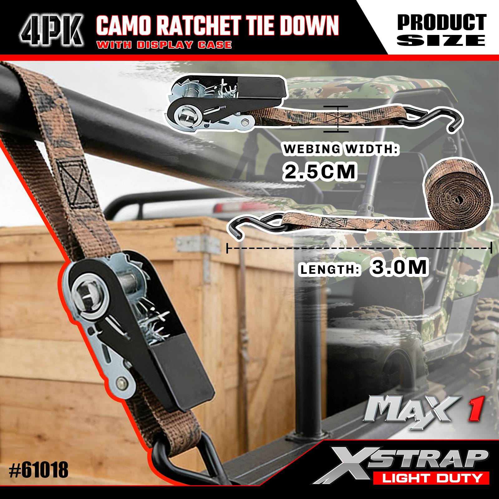 Xstrap 61018 1 дюйм x 10 футов, 4 шт., камуфляжные ремни с храповым механизмом, 300 фунтов SWL