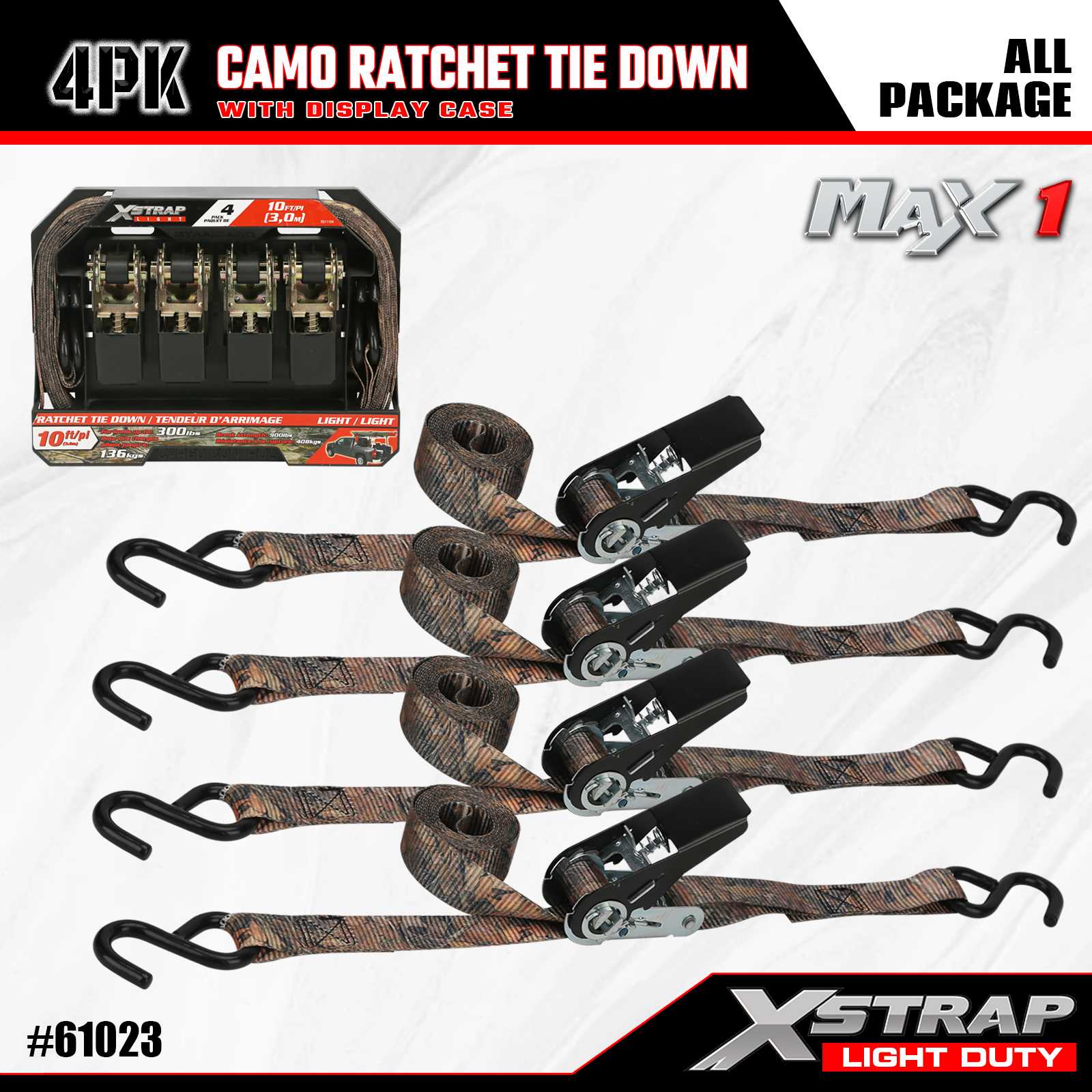 Xstrap 61023 1 дюйм x 10 футов, 4 шт. CAMO, стяжные ремни с храповым механизмом, 300 фунтов SWL