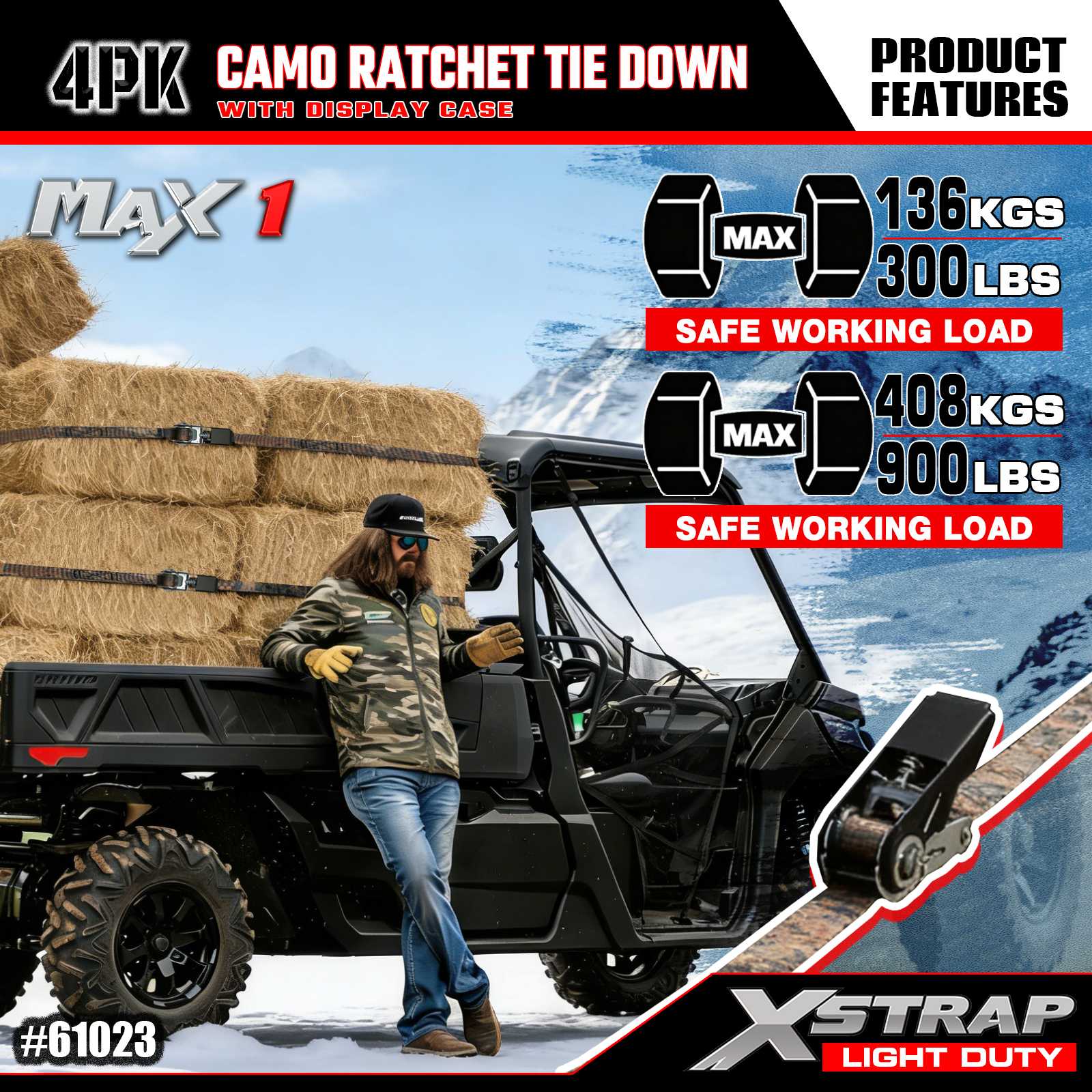 Xstrap 61023 1 дюйм x 10 футов, 4 шт. CAMO, стяжные ремни с храповым механизмом, 300 фунтов SWL