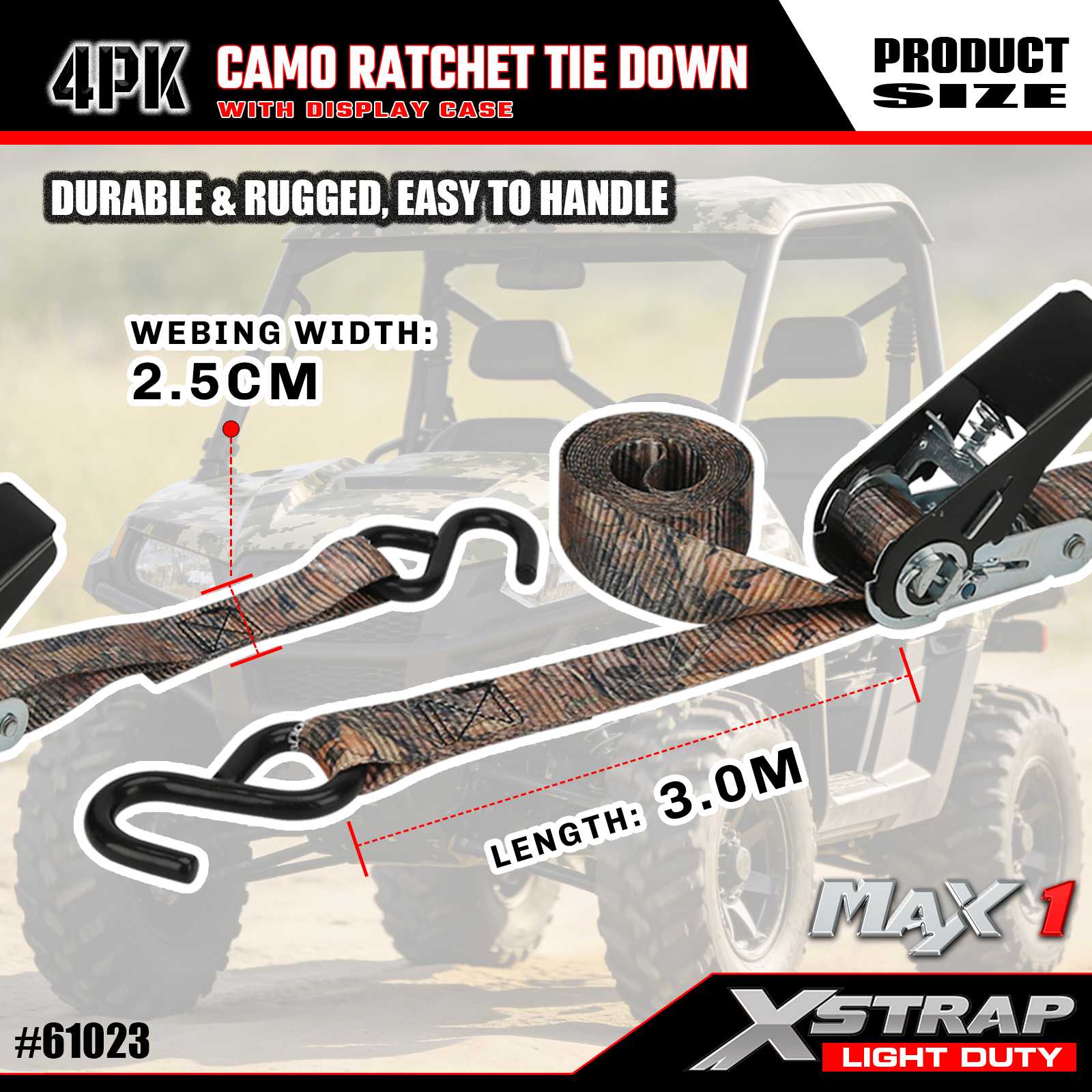Xstrap 61023 1 дюйм x 10 футов, 4 шт. CAMO, стяжные ремни с храповым механизмом, 300 фунтов SWL