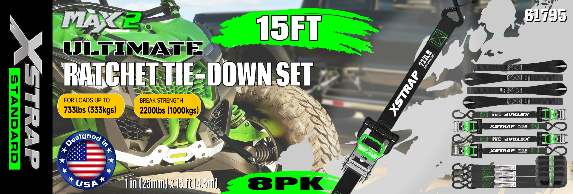 Xstrap 61795 Мотоциклетные ремни длиной 1 дюйм x 15 футов, вес 733 фунта SWL