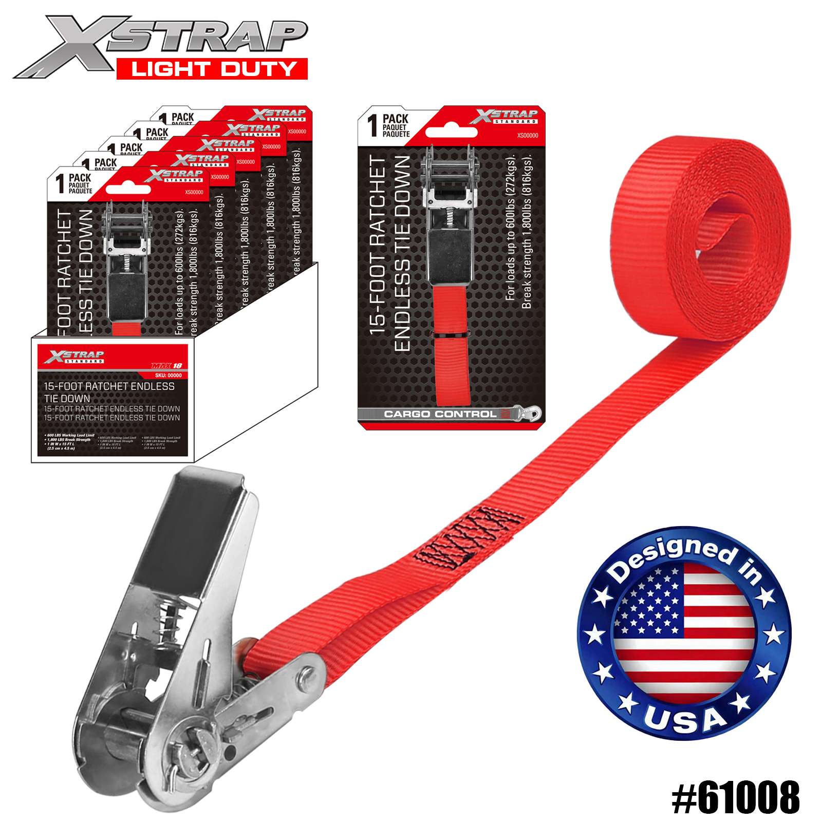 Xstrap 61008 1 дюйм x 15 футов, 1 шт., бесконечные стяжные ремни с храповым механизмом, 600 фунтов SWL