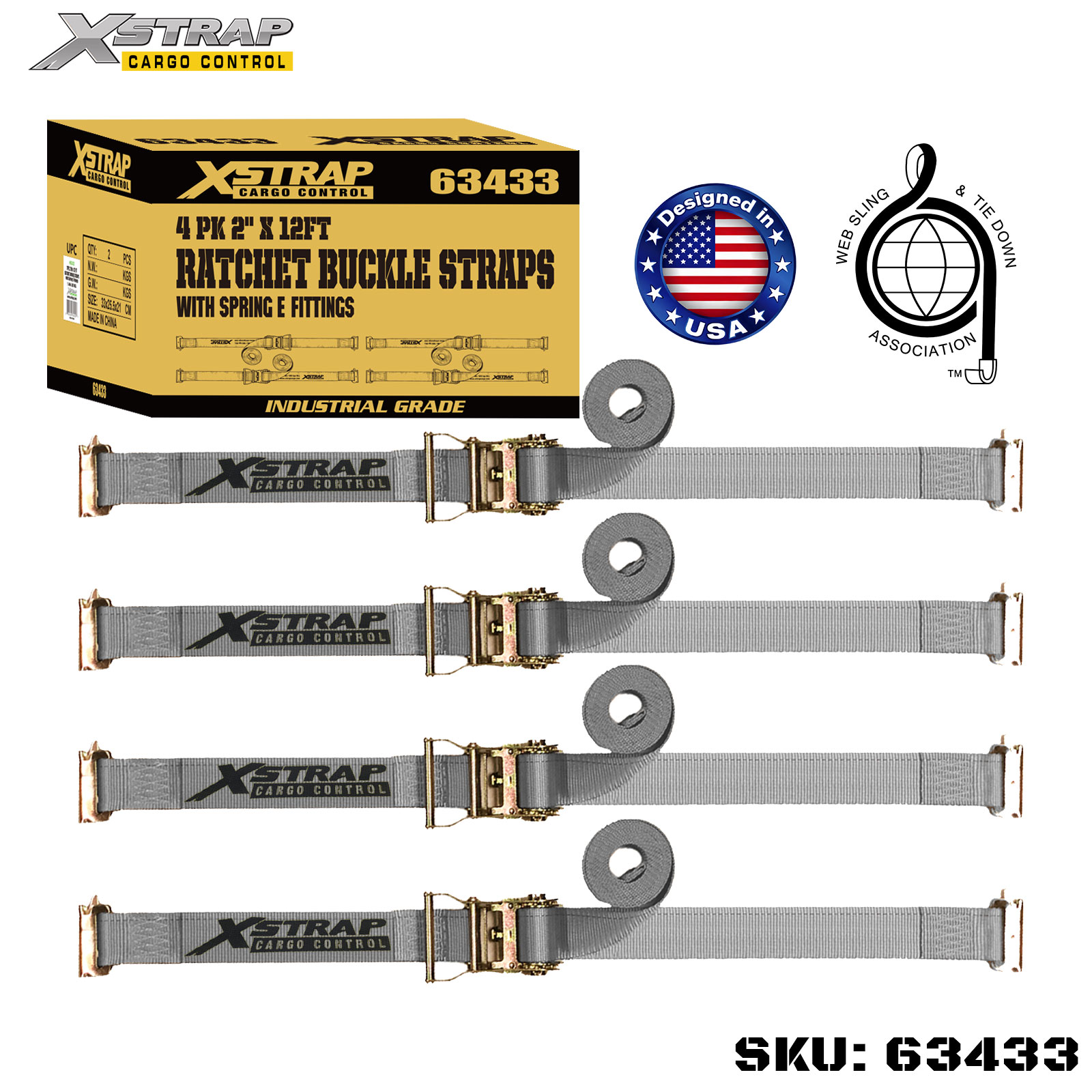 Xstrap 63433 4PK ремни с храповым механизмом 2 x 16 футов с пружинными фитингами SWL 1467 фунтов