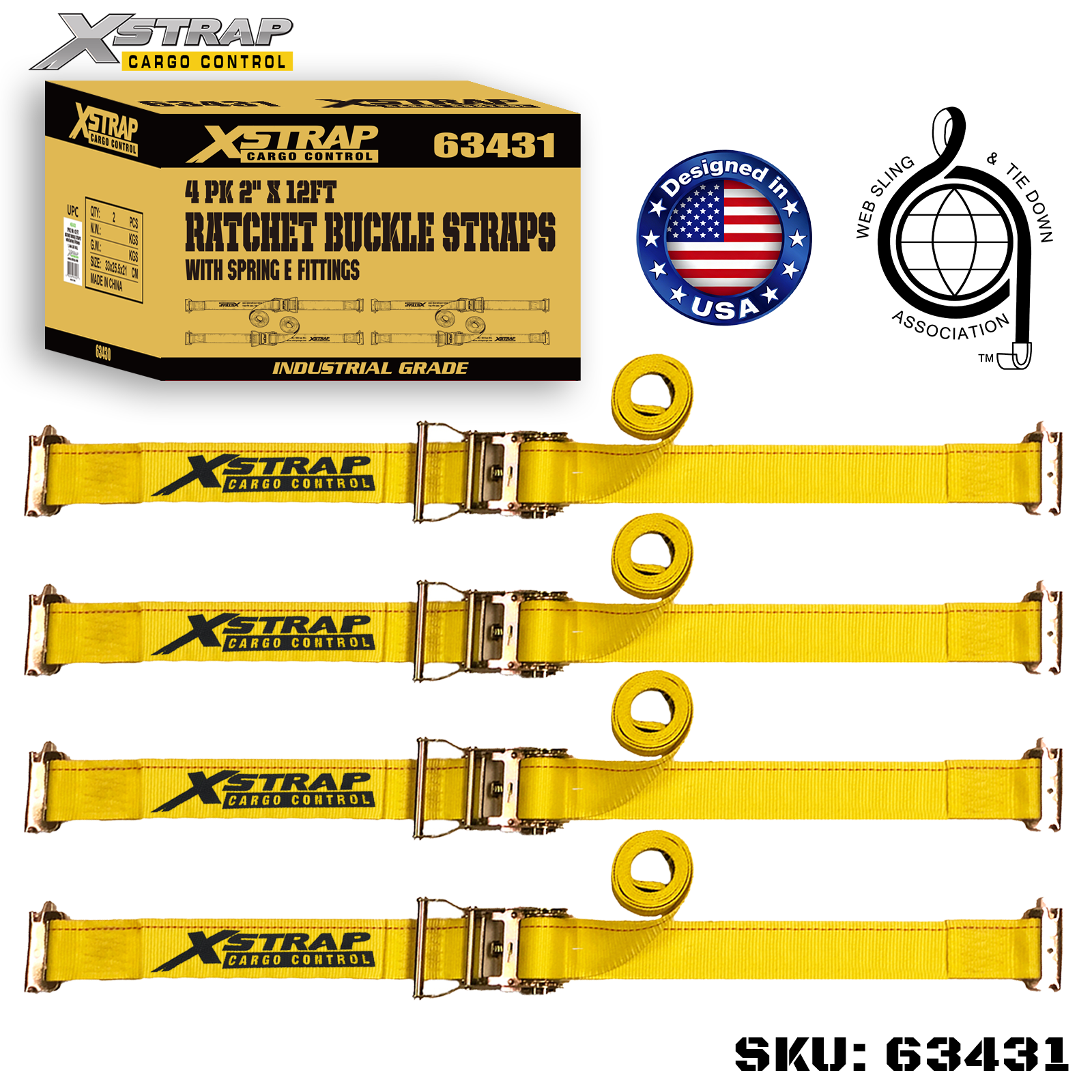 Xstrap 63431 4PK ремни с храповым механизмом 2 x 12 футов с пружинными фитингами SWL 1467 фунтов