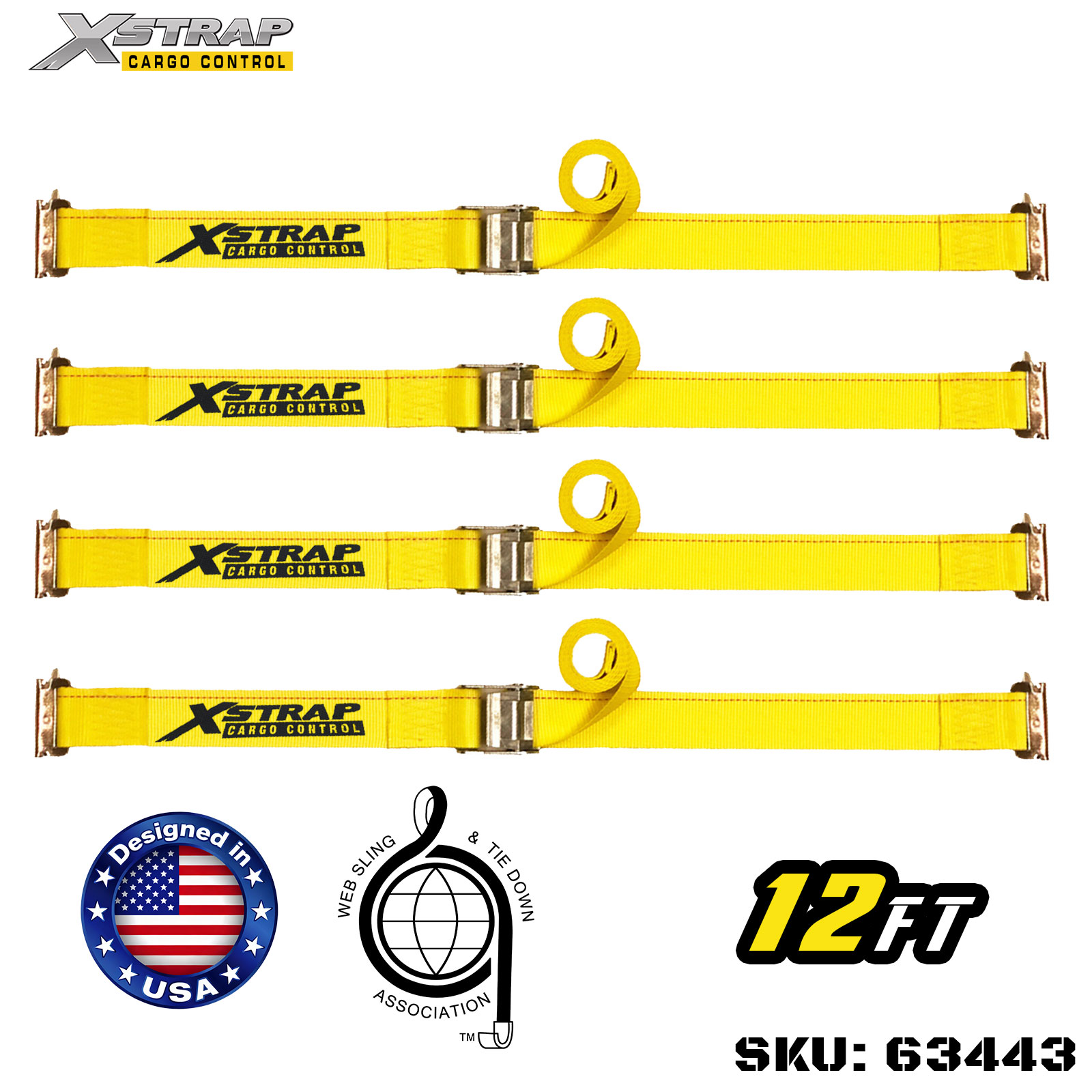Xstrap 63443 Ремни с кулачковой пряжкой, 2 дюйма x 12 футов, 4 шт., с пружинными фитингами, SWL 1000 фунтов