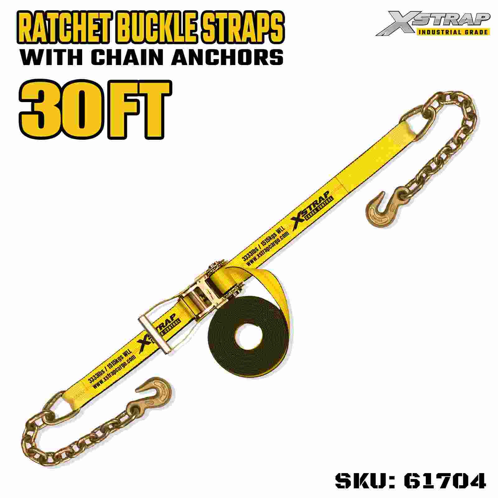 Xstrap 61704 Ремни с храповым механизмом, 2 дюйма, 30 футов, длинная широкая ручка и цепные крючки. Прочность на разрыв 10 000 фунтов (1 упаковка)