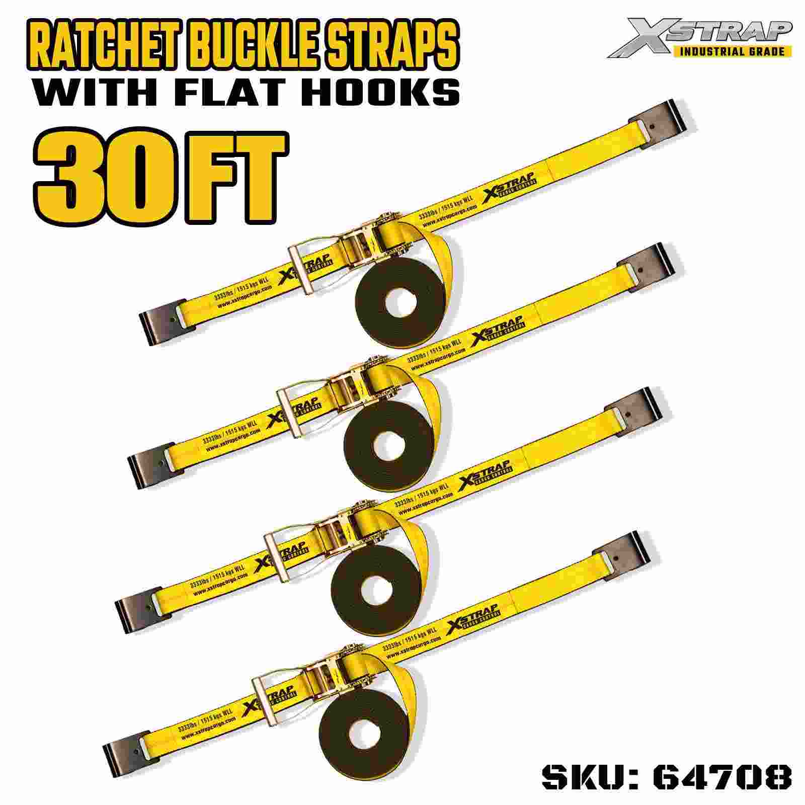 Xstrap 64708 Ремни с трещоткой, длиной 2 дюйма, 30 футов и широкой ручкой, с плоскими крючками, прочность на разрыв 10 000 фунтов (4 шт.)