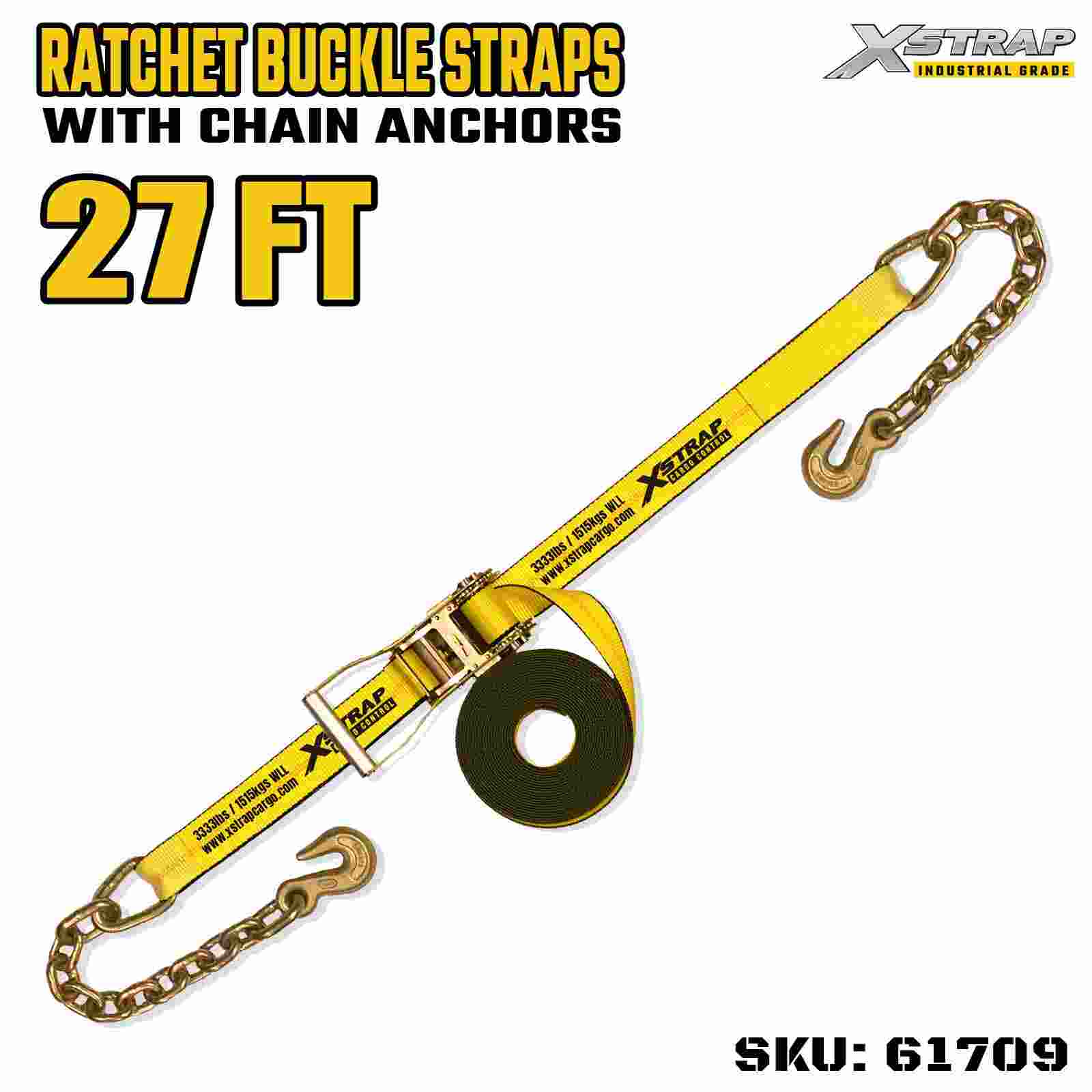 Xstrap 61709 Ремни с храповой пряжкой, длиной 27 футов, шириной 27 футов и цепными крючками. Прочность на разрыв 10 000 фунтов (1 упаковка)