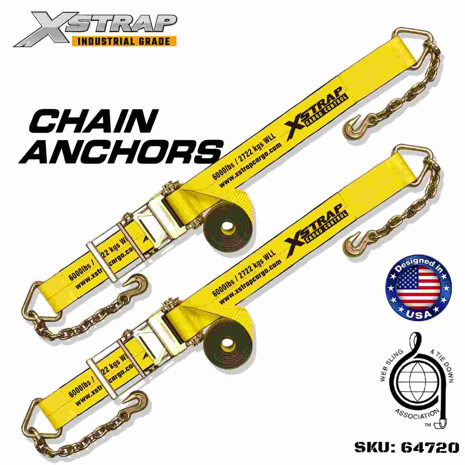 Xstrap 64720 Ремни с храповой пряжкой 4 дюйма × 27 футов и цепными анкерами Прочность на разрыв 18 000 фунтов (2 шт.)