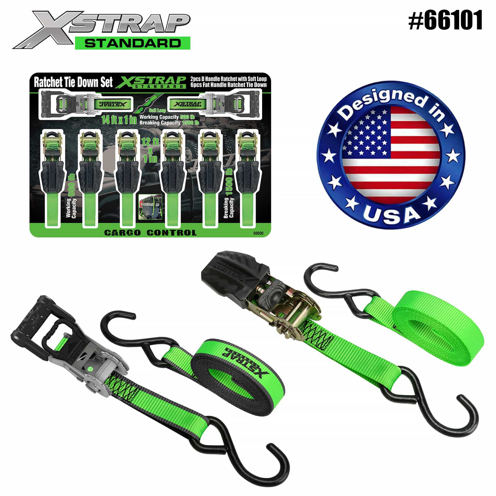 Xstrap 66101 Трещотка с D-образной ручкой 1 x 14 футов и мягкой петлей SWL 500 фунтов и трещотка с плоской ручкой 1 x 12 футов SWL 500 фунтов SWL