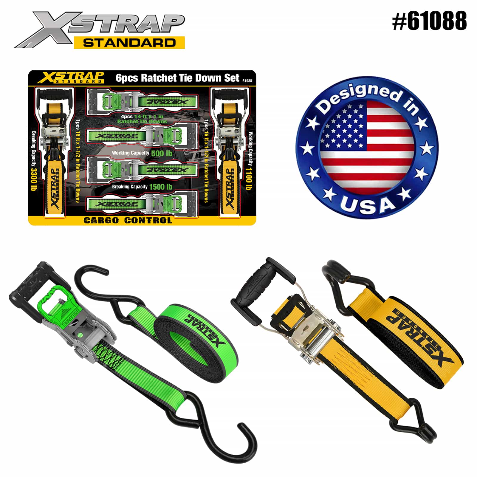 Xstrap 61088 Трещотка с 4PK D-образной ручкой 1 x 14 футов с мягкой петлей, SWL 500 фунтов и сверхширокая ручка с храповым механизмом 1 x 16 футов, длина 1100 фунтов SWL