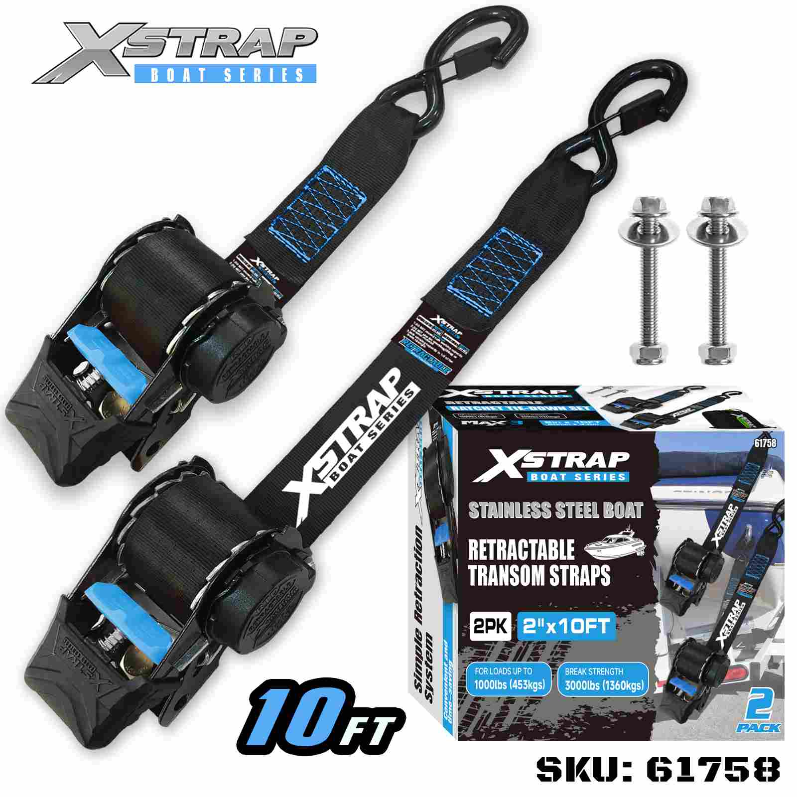 Xstrap 61758 2 дюйма x 3,6 дюйма, 2 шт., выдвижной транцевый ремень для лодки с безопасными S-образными крючками, SWL 1000 фунтов